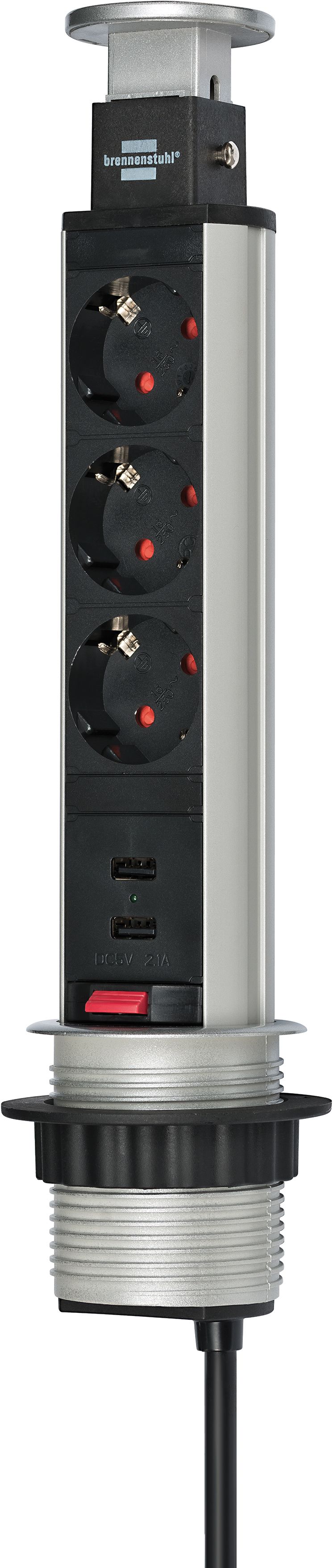  Tower Power USB-Charger Tischsteckdosenleiste 3-fach mit 2 USB Ladebuchsen 2m H05VV-F 3G1,5, in Tischplatte versenkbar  1/Stck  ,Länge:9,000 ,Breite:16,500 ,Höhe:39,000 
