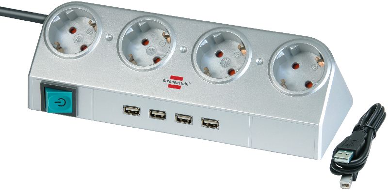  Desktop-Power mit Schalter und USB-Hub 2.0 4-fach silber 1,8m H05VV-F 3G1,5 